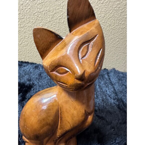 Hand-Carved Wooden Cat Sculpture Figurine 8" Tall - Picture 2 of 8